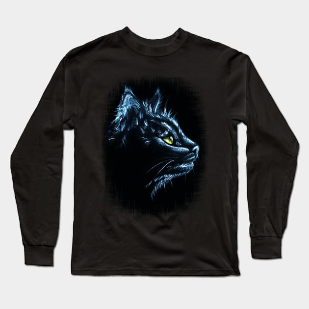 Black Cat Portrait White Charcoal Art Long Sleeve T-Shirt by BluedarkArt